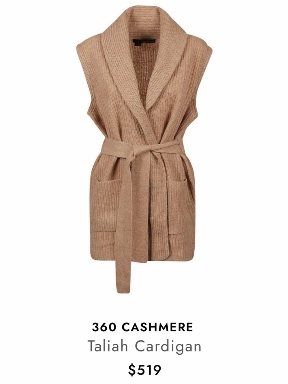 360 Cashmere Taliah 100% Cashmere Sleeveless Cardigan Vest Toffee Brown Medium